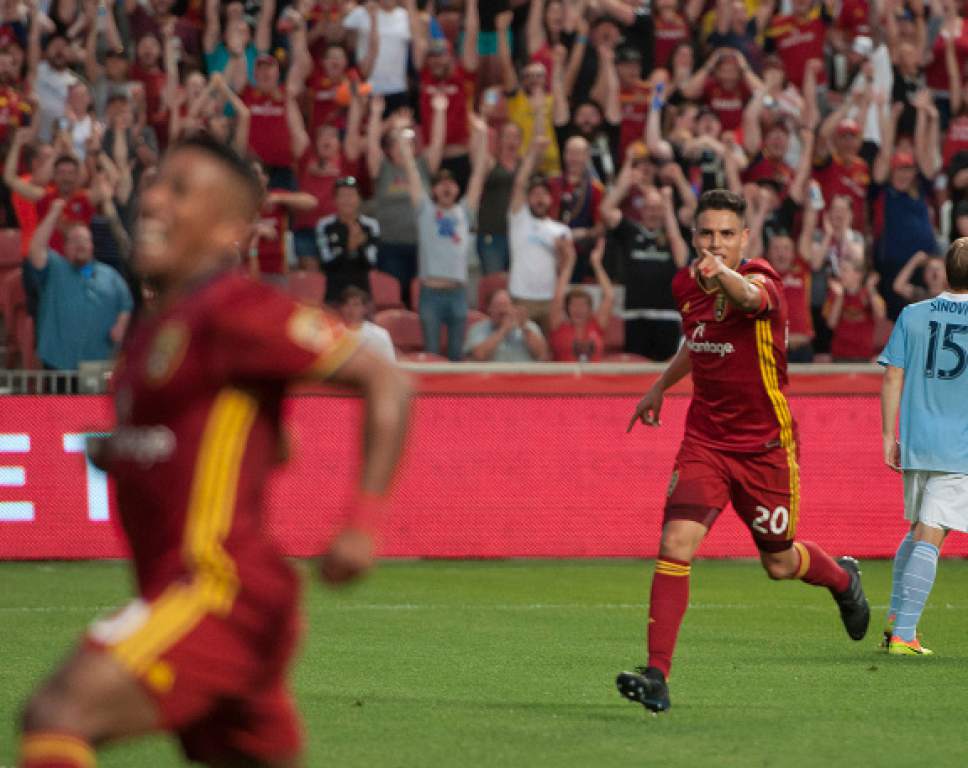 Michael Mangum  |  Special to the Tribune

Real Salt Lake midfielder Luis Silva (20) celebrates his first-half goal while pointing to teammate Joao Plata who provided the assist during their match against Real Salt Lake at Rio Tinto Stadium in Sandy, UT on Saturday, July 22, 2017.