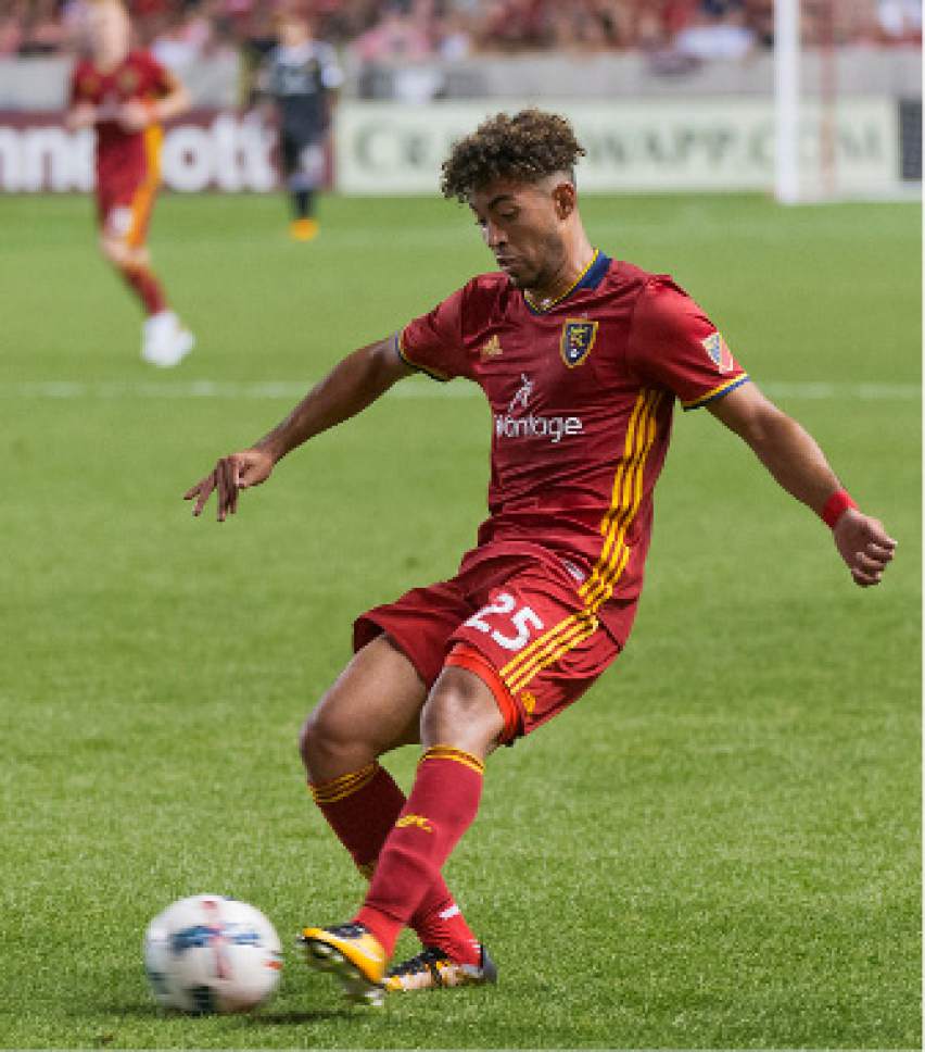 Michael Mangum  |  Special to the Tribune

Real Salt Lake midfielder Danilo Acosta (25) sends in a cross during their match against Sporting Kansas City at Rio Tinto Stadium in Sandy, UT on Saturday, July 22, 2017.