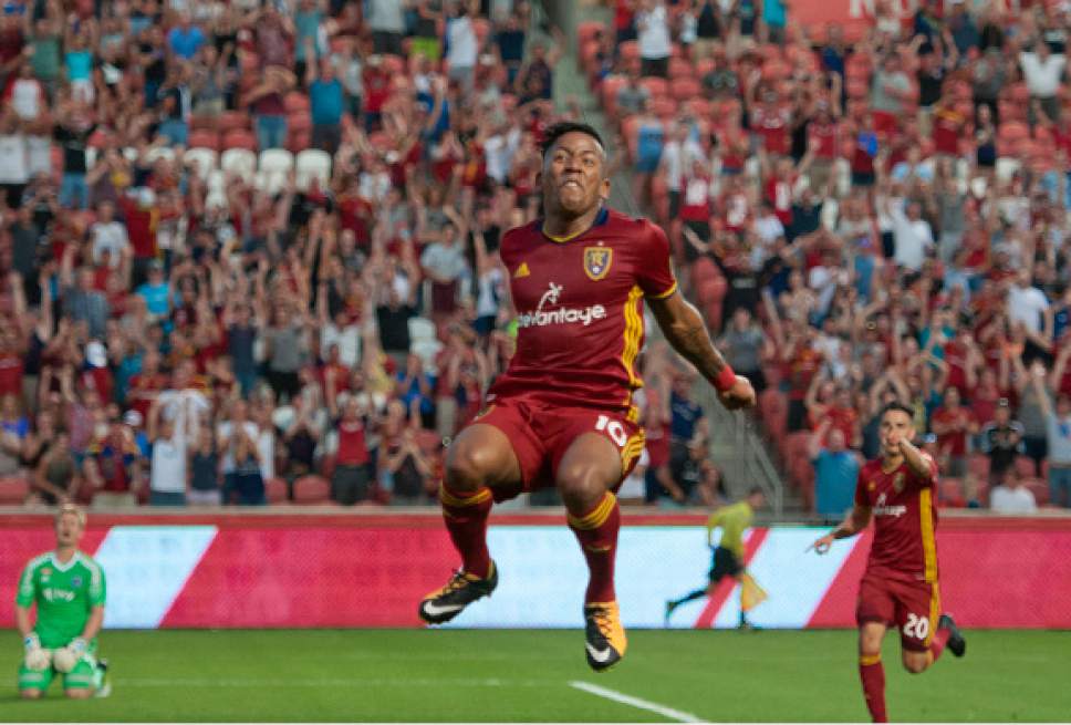 Michael Mangum  |  Special to the Tribune

Real Salt Lake forward Joao Plata (10) leaps in celebration of his first-half assist to Luis Silva (20), rear, during their match against Sporting Kansas City at Rio Tinto Stadium in Sandy, UT on Saturday, July 22, 2017.