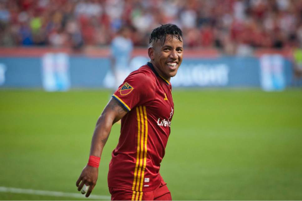 Michael Mangum  |  Special to the Tribune

Real Salt Lake forward Joao Plata (10) looks to the crowd following his first-half assist during their match against Sporting Kansas City at Rio Tinto Stadium in Sandy, UT on Saturday, July 22, 2017.