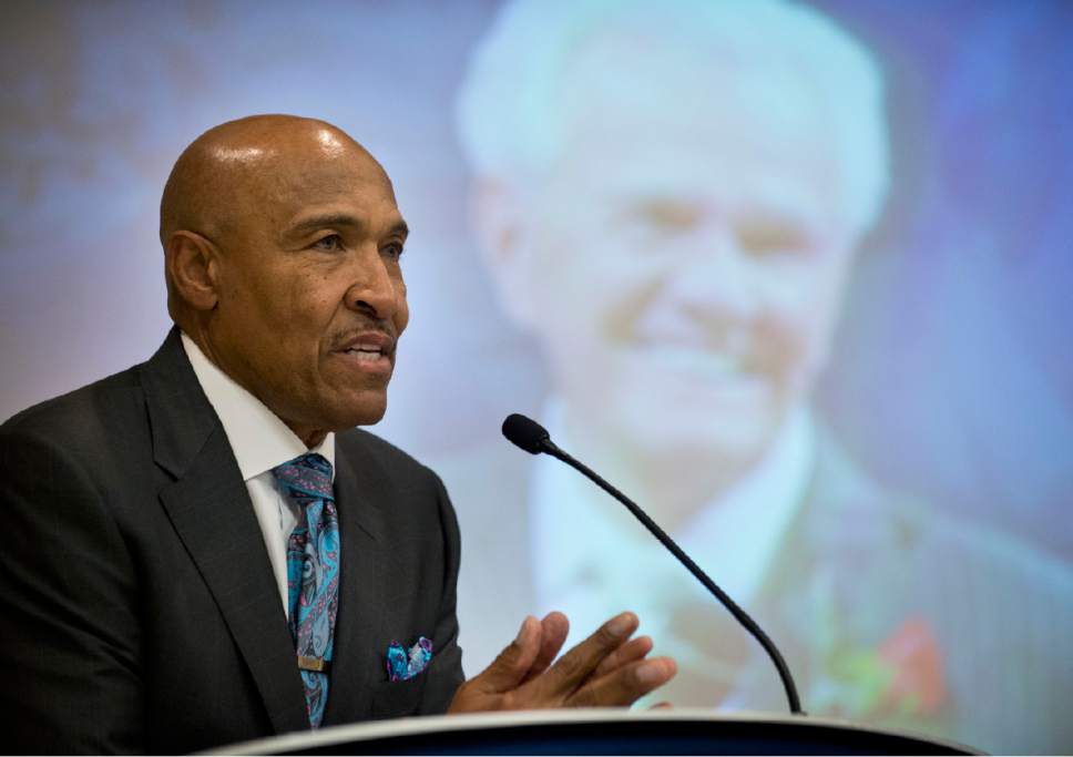 Lennie Mahler  |  The Salt Lake Tribune

Ron Boone reminisces about calling games with the late NBA player and broadcaster Hot Rod Hundley during a memorial before the Jazz faced the Oklahoma City Thunder at EnergySolutions Arena on Saturday, March 28, 2015.
