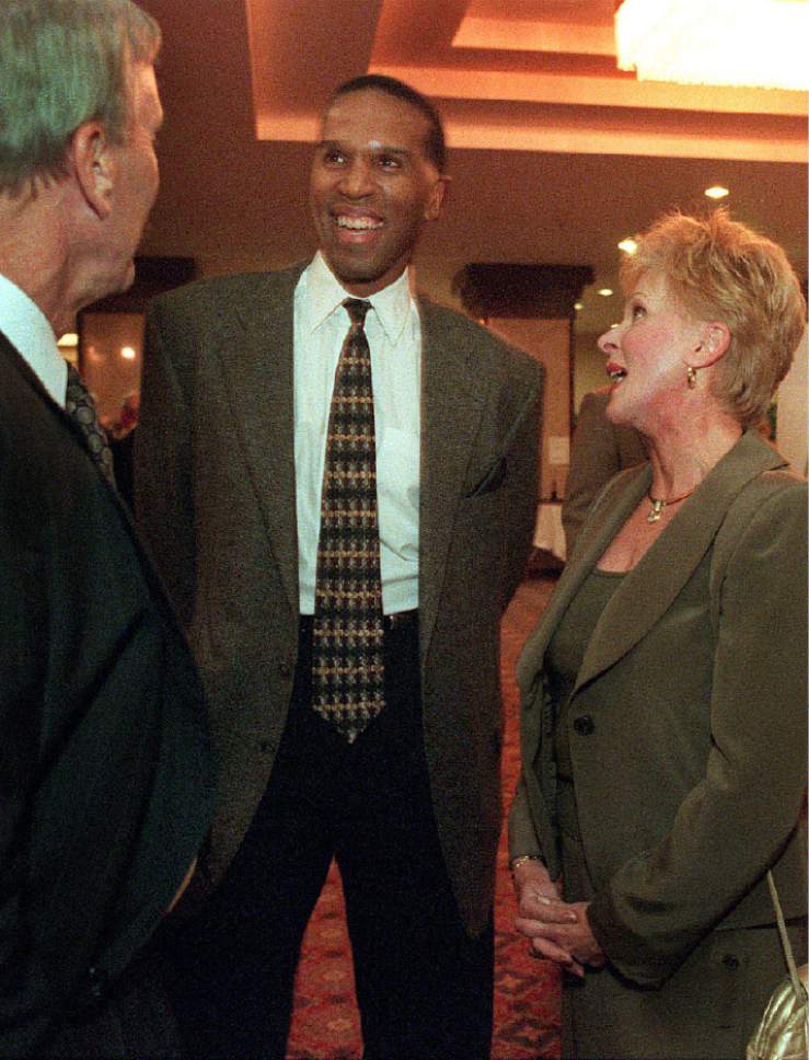 Leah Hogsten  |  Tribune file photo


Former Utah Jazz basketball great Adrian Dantley was back in the spotlight Saturday night prior to being inducted into the new State of Utah Basketball Hall of Fame at the Double Tree Hotel.  Dantley talks with former Jazz coach Tom Nissalke and his wife Nancy (above) who were in attendance to honor former Jazz players Dantley and Zelmo Beaty as well as nine other inductees.