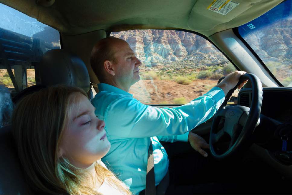 Trent Nelson  |  The Salt Lake Tribune
Gabriel Owen and his daughter Kathrynn on their way to deliver three tons of potatoes to members of the FLDS polygamous sect in Colorado City, Saturday July 15, 2017. Owen and the Davis County Cooperative Society have been offering service and donations to needy FLDS members who were evicted from UEP homes in Hildale and Colorado City, Ariz.