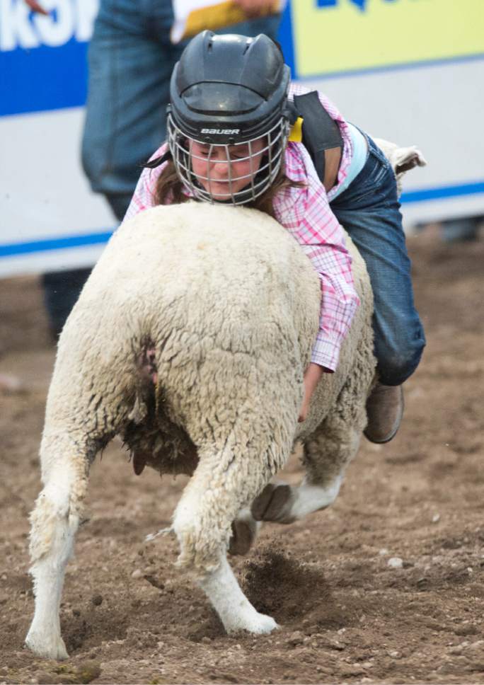 Rick Egan  |  The Salt Lake Tribune

Laney Shultz, Hooper, Ut, 8, rides a sheep, in the mutton busters competition, at the Days of '47 Rodeo, Monday, July 24, 2017.