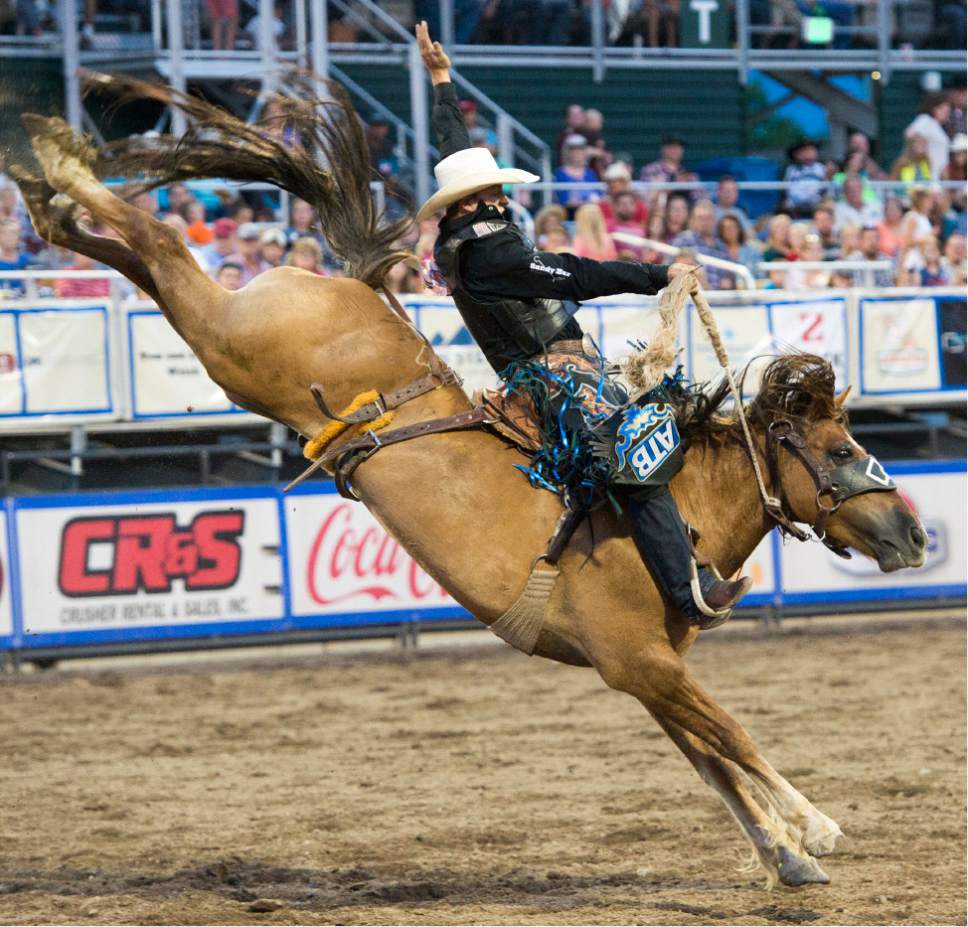 Rick Egan  |  The Salt Lake Tribune

Zeke Thurston, Big Valley, Ab, competes in the Saddle Bronc competition, at the Days of '47 Rodeo, Monday, July 24, 2017.