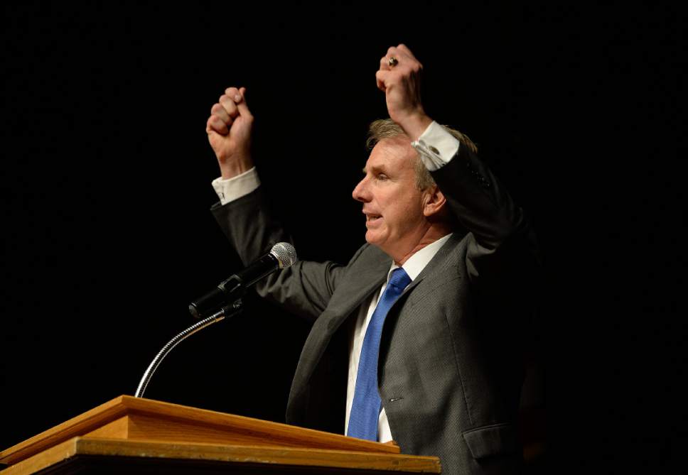 Scott Sommerdorf | The Salt Lake Tribune
Candidate Chris Herrod speaks at the Republican Special Convention for Utah Congressional District 3 to choose the candidate to replace Congressman Jason Chaffetz, held at Timpview High School, Saturday, June 17, 2017.