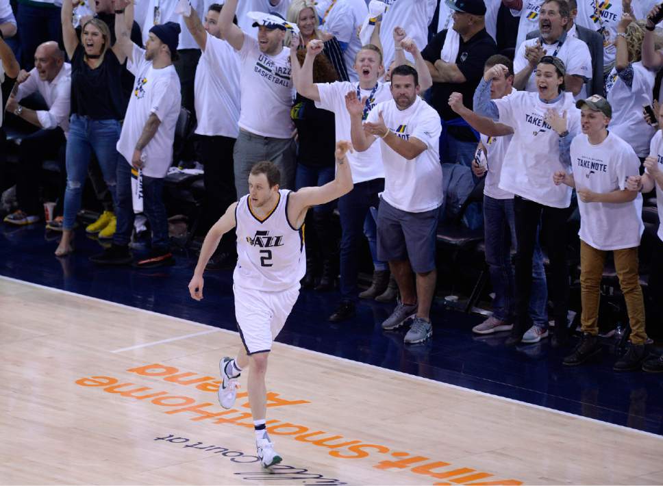 Scott Sommerdorf | The Salt Lake Tribune
Utah Jazz forward Joe Ingles (2) celebrates a made 3-pointer late in the game. The Utah Jazz beat the LA Clipper 105-98 to take Game 4 and tie up the Western Conference playoff series at 2-2, Sunday, April 23, 2017.