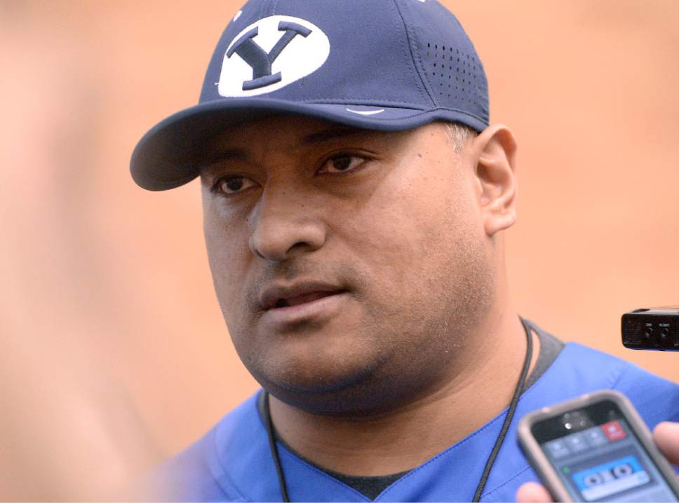 Al Hartmann  |  The Salt Lake Tribune
BYU head football coach Kalani Sitake talks to the media after the first practice of BYU's Spring training camp Monday Feb. 27 at the Indoor Practice Facility.