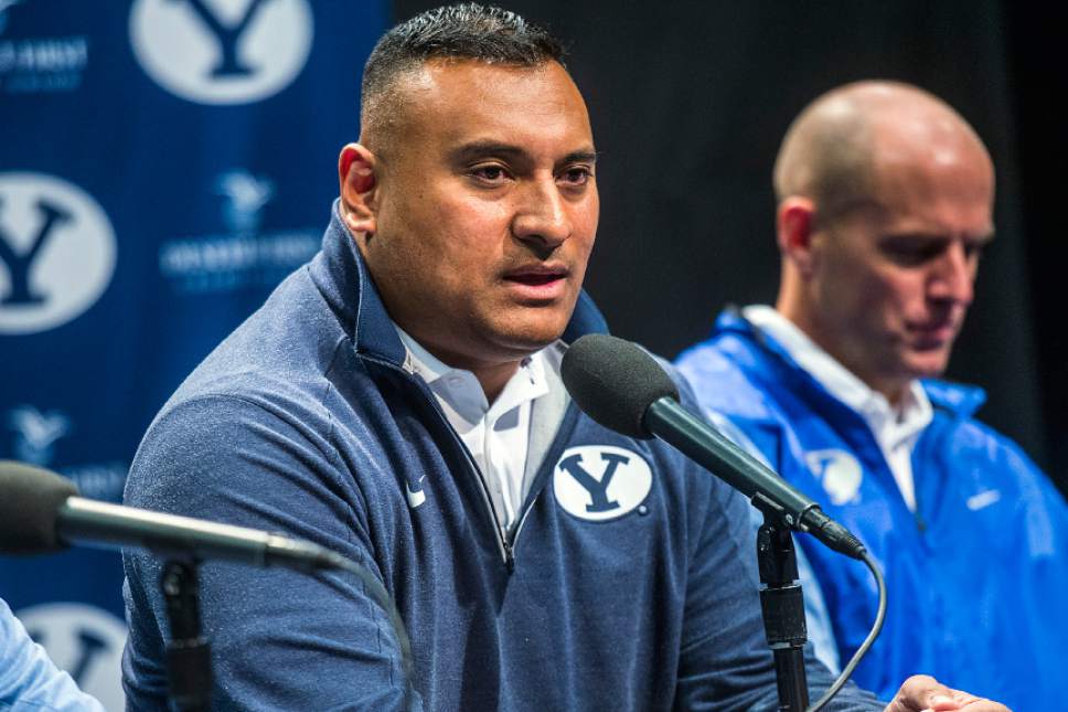 Chris Detrick  |  The Salt Lake Tribune
Head football coach Kalani Sitake speaks during a press conference at the BYU broadcasting building Wednesday February 1, 2017.