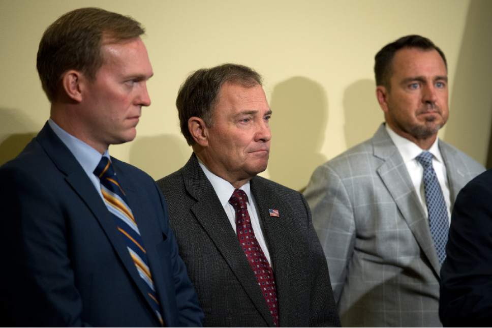 Leah Hogsten  |  The Salt Lake Tribune
l-r More cops, more money and more behavioral treatment beds are needed said Salt Lake County Mayor Ben McAdams, Governor Gary Herbert and Utah House Speaker Greg Hughes to combat lawlessness in the Rio Grande district in downtown Salt Lake City.