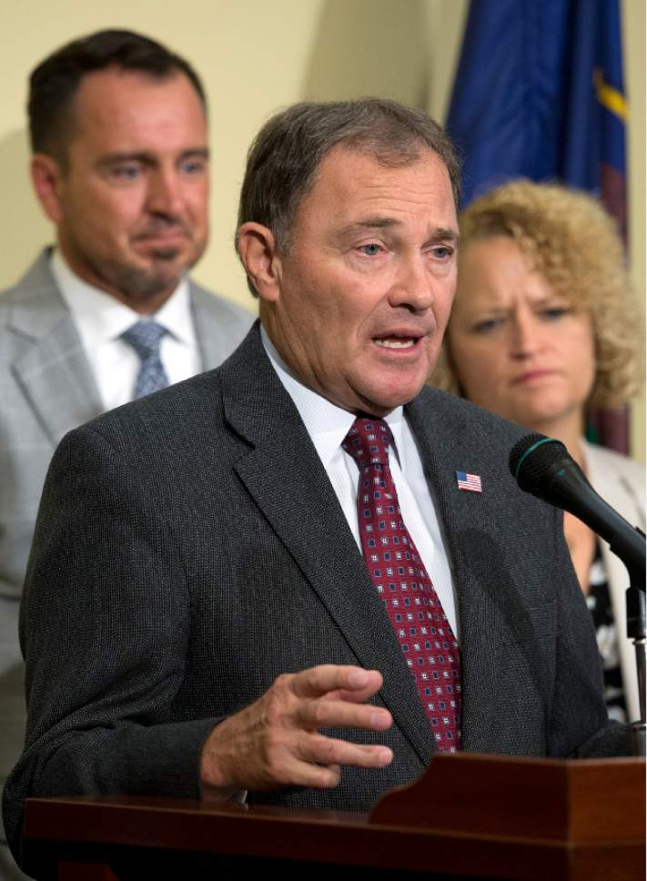 Leah Hogsten  |  The Salt Lake Tribune
Gov. Herbert and other state leaders met with members of the media following Wednesday's meeting to discuss lawlessness in the Rio Grande district in downtown Salt Lake City.
