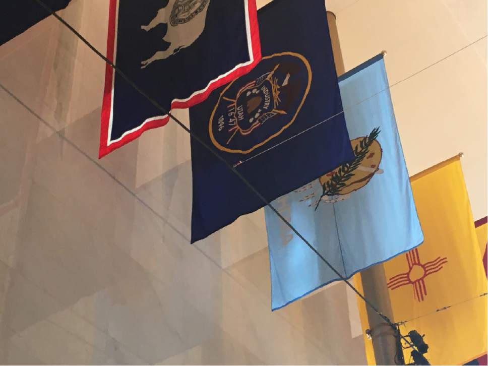 Thomas Burr  |  The Salt Lake Tribune

An inaccurate Utah state flag -- noting the arrival of
the Mormon pioneers in 1647, not 1847 -- hangs in the Hall of States at the Kennedy Center in Washington. The flag was replaced Monday on Pioneer Day with the correct flag.