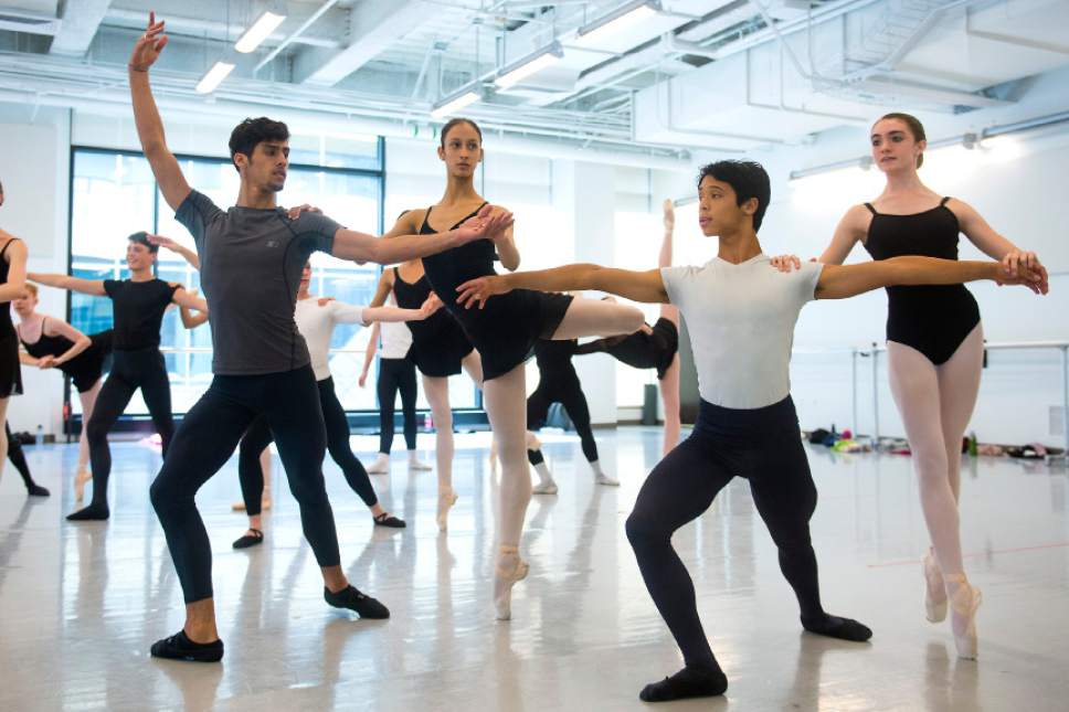 Chris Detrick  |  The Salt Lake Tribune
Adrian Sanchez and Estefania Hernandez Sarduy, left, and  Bradley Moon and Brittany Bruno, all from Havana, Cuba, dance during a workshop with Ballet West Academy director Peter Merz at Jessie Eccles Quinney Ballet Centre Tuesday, July 11, 2017.