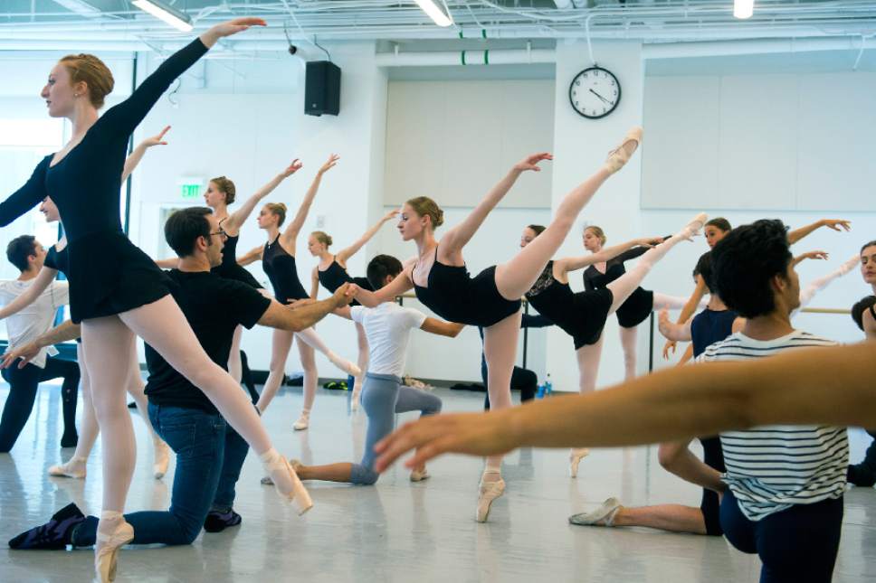 Chris Detrick  |  The Salt Lake Tribune
Ballet West Academy director Peter Merz works with Savannah Lyle, of Payson, Utah, during a workshop at Jessie Eccles Quinney Ballet Centre Tuesday, July 11, 2017.