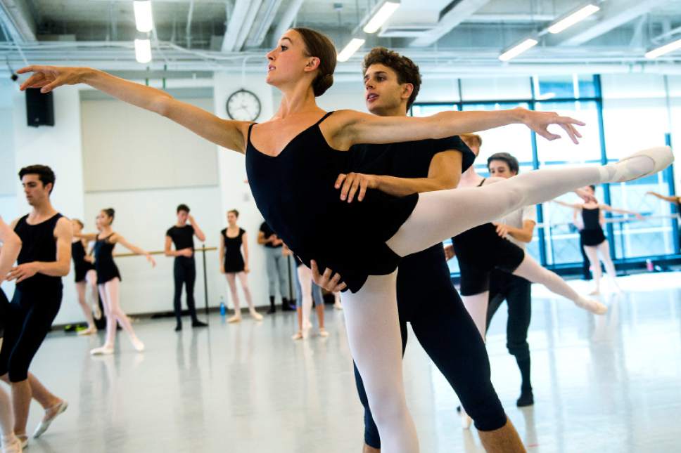 Chris Detrick  |  The Salt Lake Tribune
McKenzie Bartlett, of Northville, Michigan, and Noel Jensen, of Carlsbad, California, dance during a workshop with Ballet West Academy director Peter Merz at Jessie Eccles Quinney Ballet Centre Tuesday, July 11, 2017.