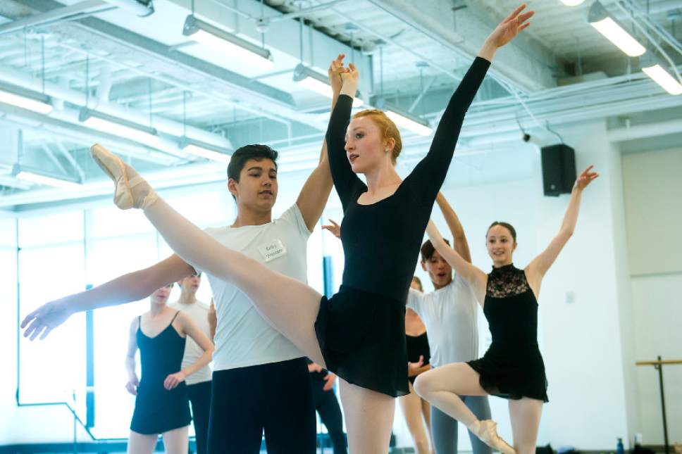 Chris Detrick  |  The Salt Lake Tribune
Koby Wescom, of Paso Robles, California, and Lorraina Boyette, of Charlotte, North Carolina, dance during a workshop with Ballet West Academy director Peter Merz at Jessie Eccles Quinney Ballet Centre Tuesday, July 11, 2017.