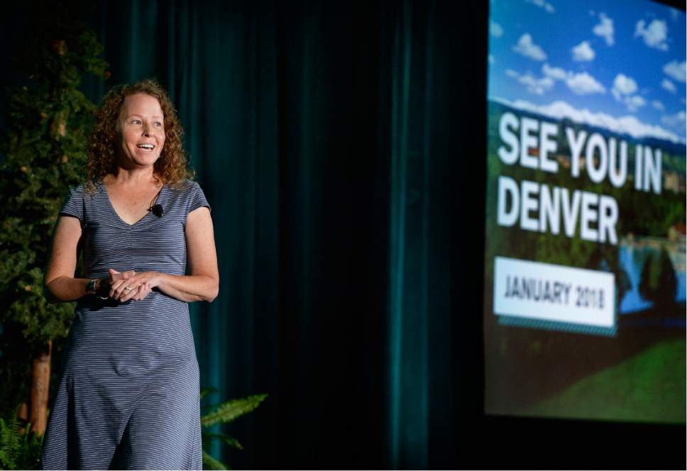 Scott Sommerdorf   |  The Salt Lake Tribune  
Outdoor Industry Association Executive Director Amy Roberts speaks about the trade show's move to Colorado at the Outdoor Industry Association breakfast, Wednesday, July 26, 2017.