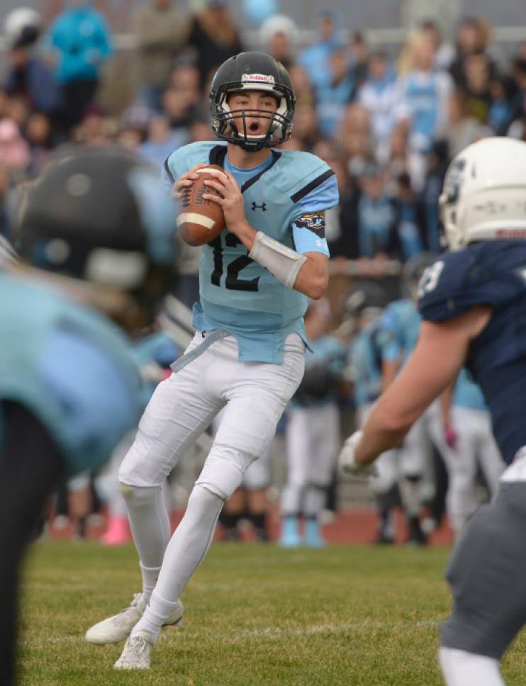 Leah Hogsten  |  The Salt Lake Tribune
West Jordan's quarterback Dylan Krans looks for the pass. Syracuse High School  West Jordan High School in the opening round of the Class 5A football playoffs, Friday, October 28, 2016.