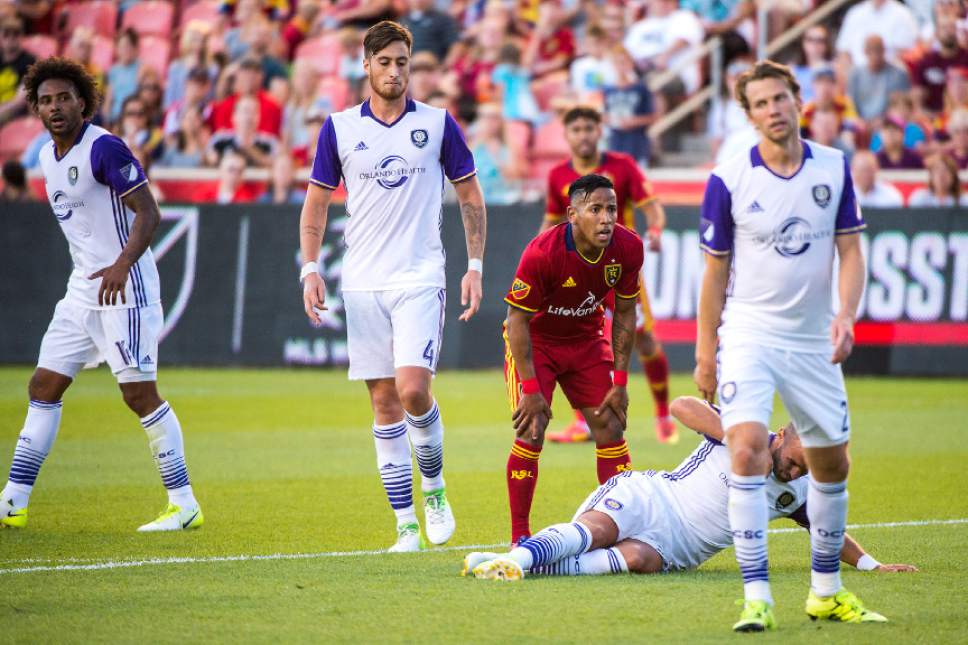 Chris Detrick  |  The Salt Lake Tribune
Real Salt Lake forward Joao Plata (10) reacts after missing a goal past Orlando City SC midfielder Scott Sutter (21) go for the ball during the game at Rio Tinto Stadium Friday, June 30, 2017.