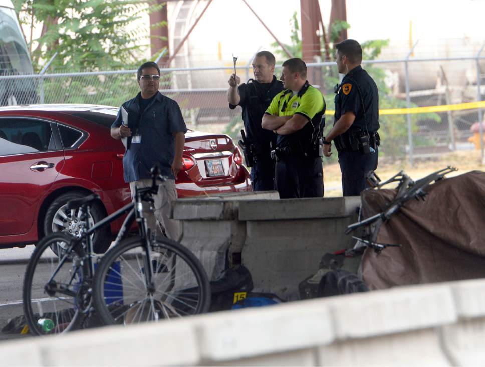 Al Hartmann  |  The Salt Lake Tribune
Salt Lake City police investigate homicide-assault crime scene near 500 S. 500 W. on Tuesday.