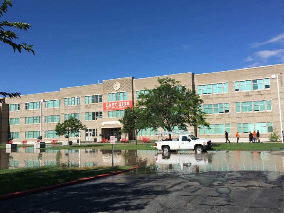 Flooding outside of East High following torrential rain in the early morning of July 26, 2017. Photo courtesy of Salt Lake City School District.