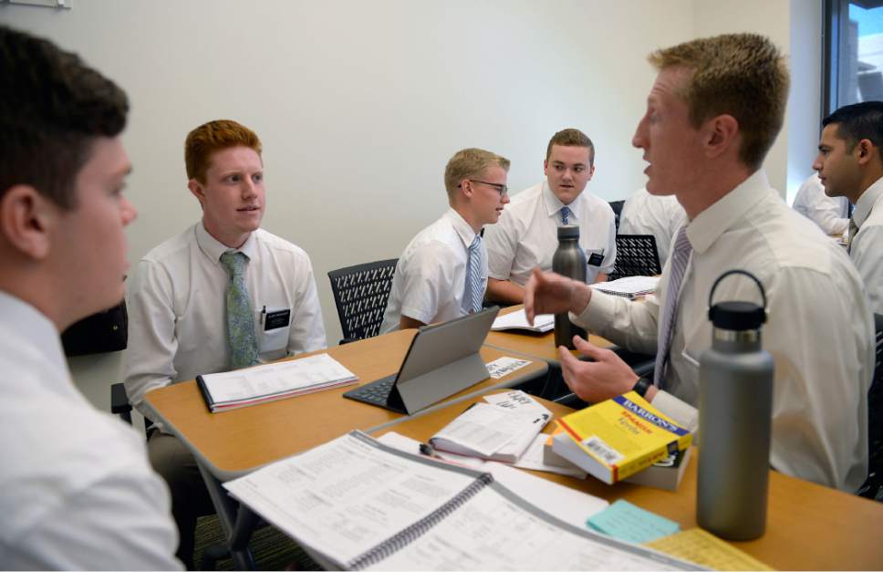 Al Hartmann  |  The Salt Lake Tribune
Missionaries practice their conversatiional Spanish in a small group classrrom in the new building at the Missionary Training Center in Provo Wednesday July 26.