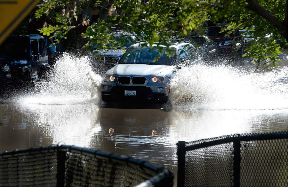 Scott Sommerdorf   |  The Salt Lake Tribune  
A determined motorist plowed through flooded Lucy Street to get to northbound 200W. Northbound Main Line TRAX trains were prevented from leaving the Ballpark TRAX station due to flooding, Wednesday, July 26, 2017.