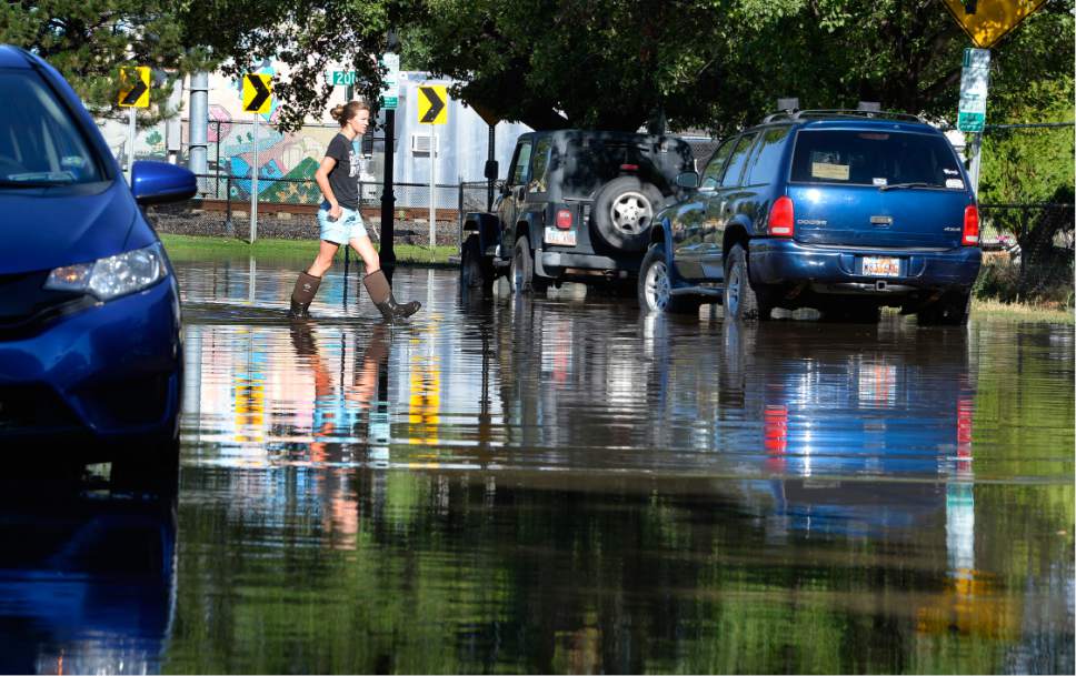 Scott Sommerdorf   |  The Salt Lake Tribune  
A Lucy Street resident got out into the flooded street in her boots to examine the flooded street. Northbound Main Line TRAX trains were prevented from leaving the Ballpark TRAX station due to flooding, Wednesday, July 26, 2017.