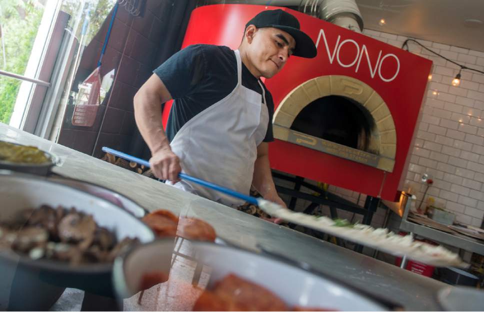 Leah Hogsten  |  The Salt Lake Tribune
Pizza Nono, the new wood-fired pizza "store" in SLC's 9th and 9th neighborhood, offers "quality and simple" pizzas, artisan salads and seasonal sides.