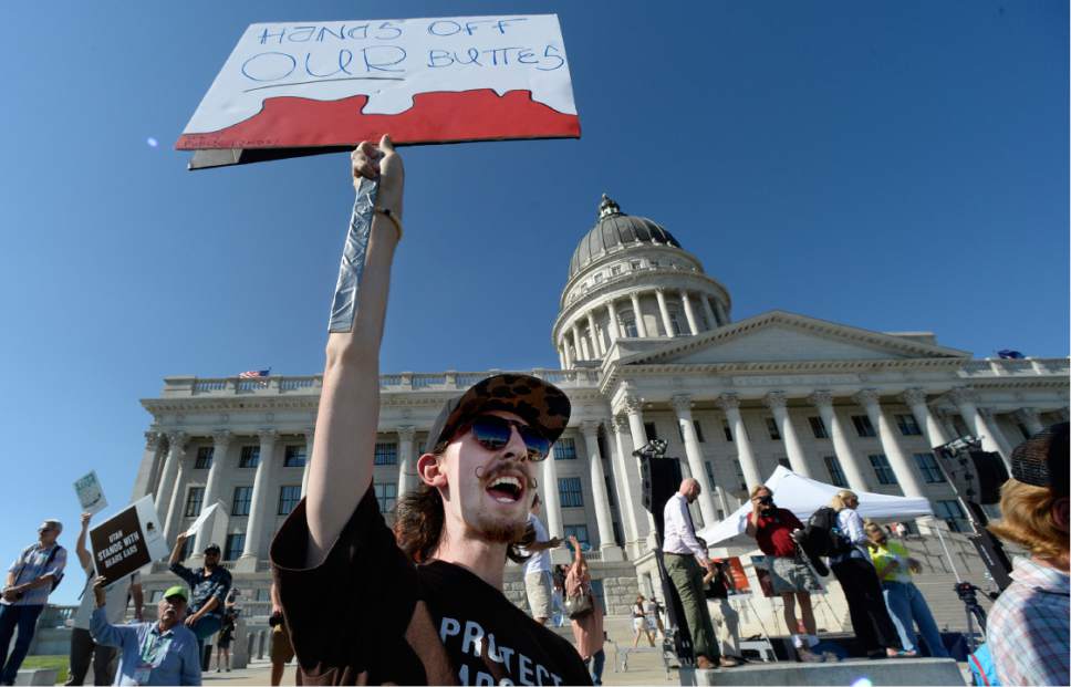 Scott Sommerdorf   |  The Salt Lake Tribune  
Chaz Bateman and others chanted slogans after marching from the Salt Palace to the Utah State Capitol in the "This Land is Our Land March for Public Lands", Thursday, July 27, 2017.