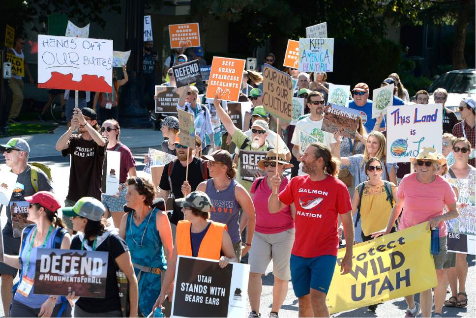 Scott Sommerdorf   |  The Salt Lake Tribune  
About 400 people marched from the Salt Palace to the Utah State Capitol during the "This Land is Our Land March for Public Lands" and then rallied at the Capitol, Thursday, July 27, 2017.