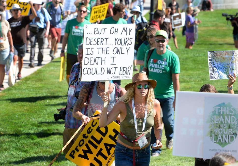 Scott Sommerdorf   |  The Salt Lake Tribune  
After marching from the Salt Palace to the Utah State Capitol, the "This Land is Our Land March for Public Lands" rallied at the Capitol, Thursday, July 27, 2017.