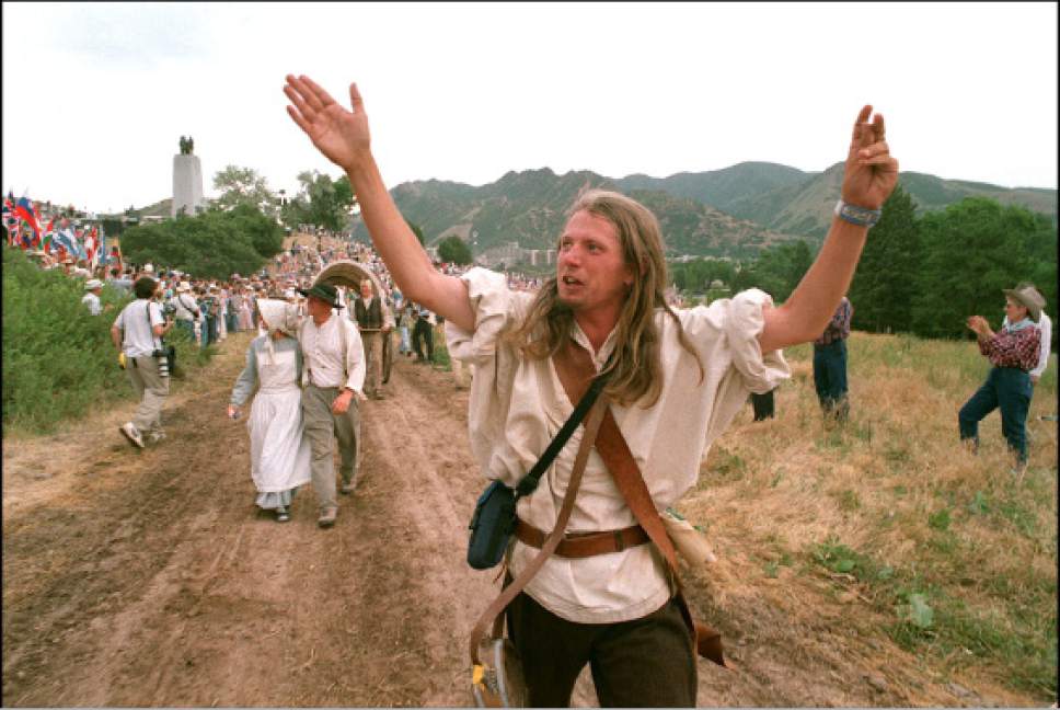 Rick Egan  |  Salt Lake Tribune File Photo

Joseph Johnstun, Salt Lake City, is over come with emotion as he enters This Is The Place State Park. Johnston walked most of the way from Nauvoo, in memory of his Great Great, Grandfather Jessie Walker Johnstun.