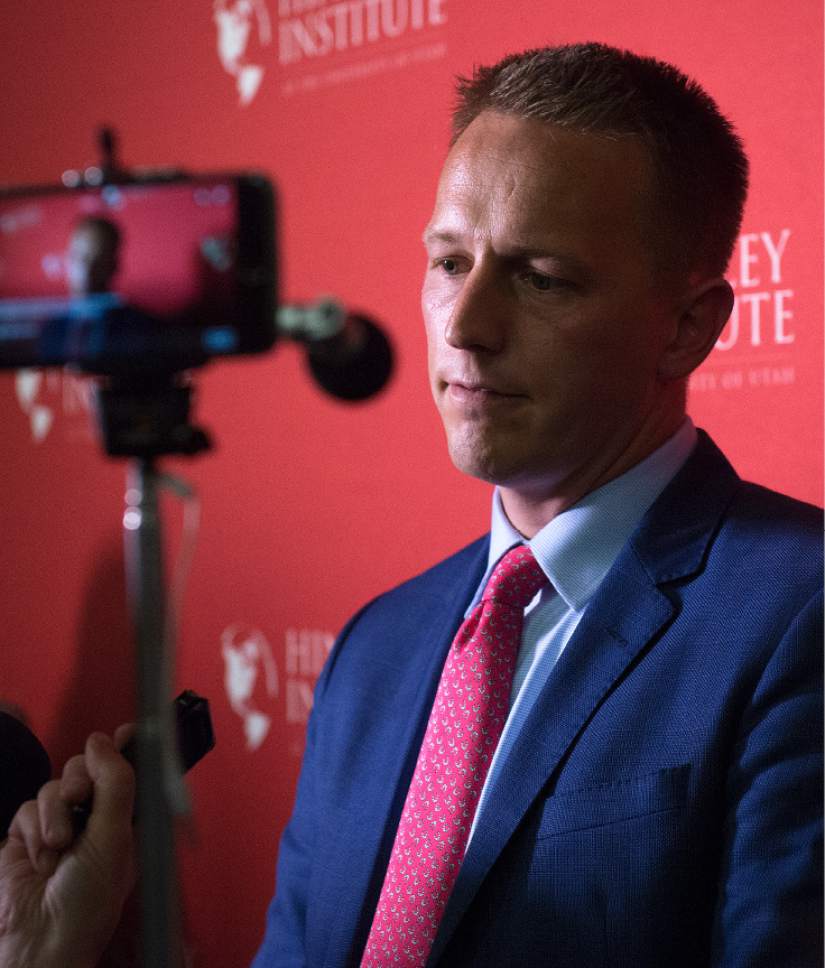 Leah Hogsten  |  The Salt Lake Tribune
Third District primary candidate businessman Tanner Ainge fields questions from the media after The Salt Lake Tribune-Hinckley Institute of Politics debate, June 28, 2017 at the  Utah Valley Convention Center in Provo. The primary will be held Aug. 15.