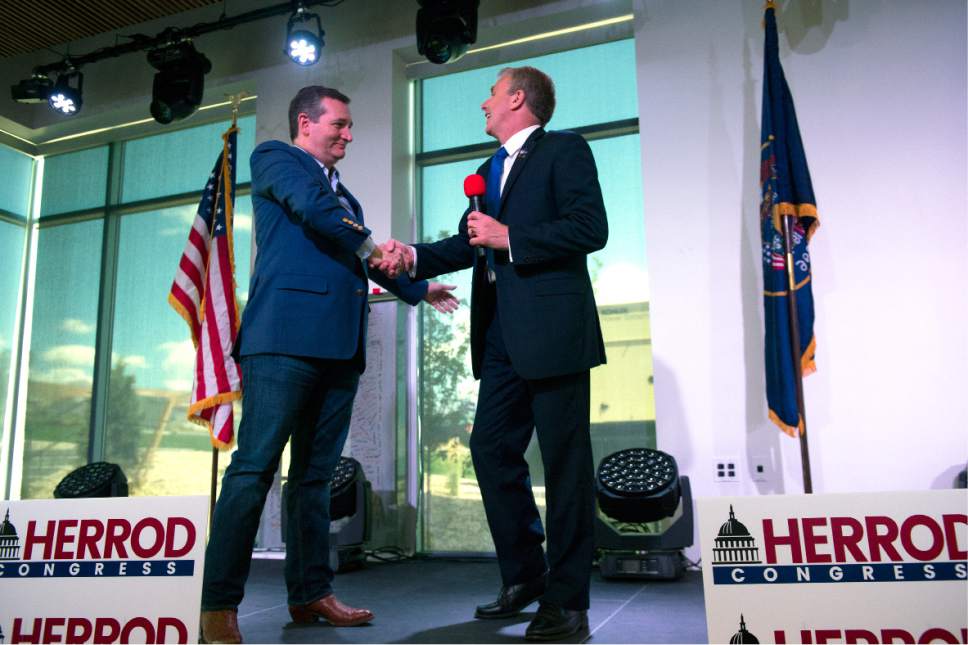 Leah Hogsten  |  The Salt Lake Tribune
Republican Sen. Ted Cruz of Texas rallies for 3rd District primary candidate, former state Rep. Chris Herrod, June 29, 2017 at Entrata in Lehi.