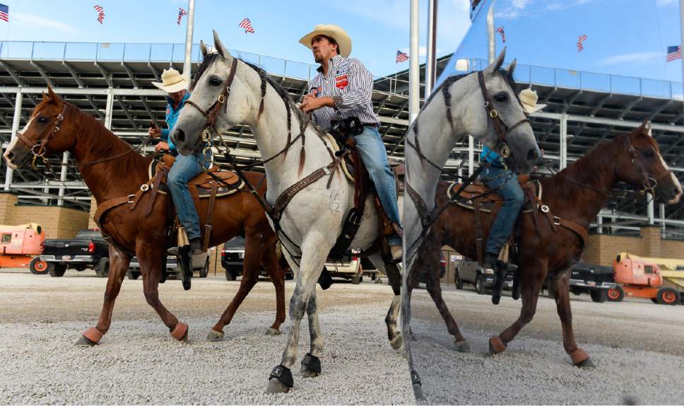 Francisco Kjolseth | The Salt Lake Tribune
Riders prepare for the start of the day's rodeo at the new 10,000-seat Fairpark Arena on day two of the Days of '47 Rodeo in its new home in Salt Lake City on Thursday, July 20, 2017.
