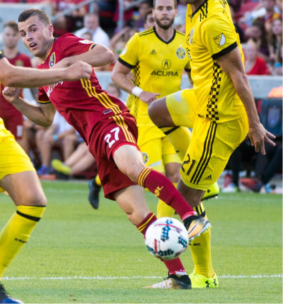 Rick Egan  |  The Salt Lake Tribune

Real Salt Lake forward Brooks Lennon (27) is surrounded by Columbus Crew, as he tries to pass the ball, in MLS action, Real Salt Lake vs. Columbus Crew, Saturday, July 29, 2017.