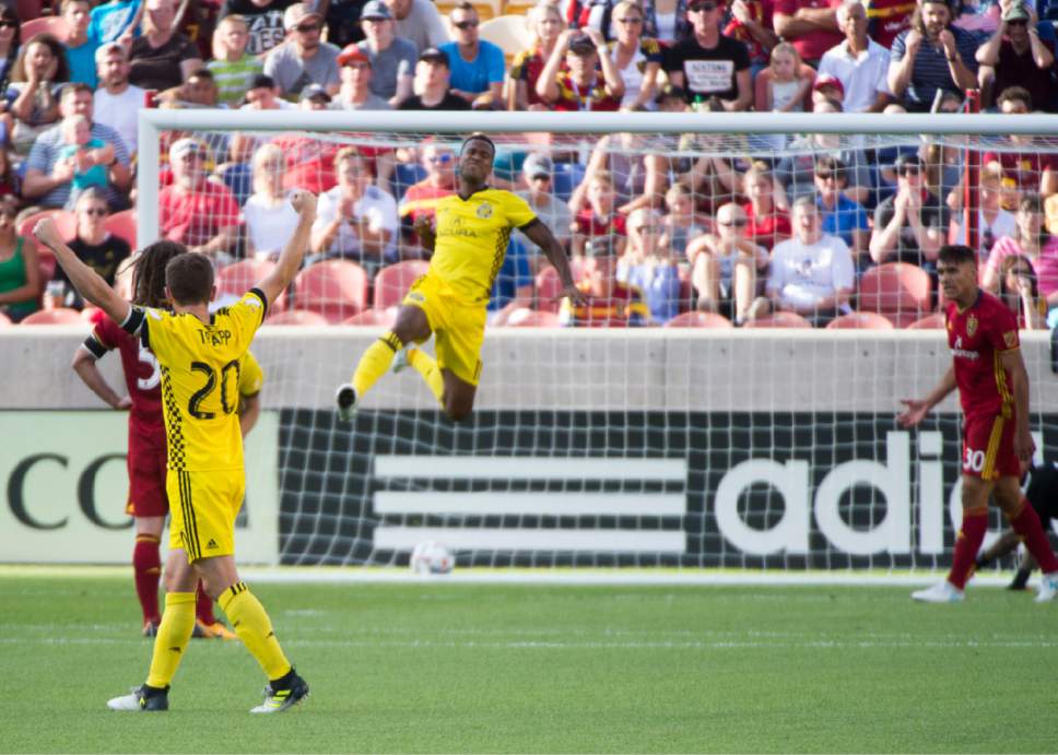 Rick Egan  |  The Salt Lake Tribune

Ola Kamara (11) celebrates after scoring a goal for Columbus Crew, in MLS action, Real Salt Lake vs. Columbus Crew, Saturday, July 29, 2017.