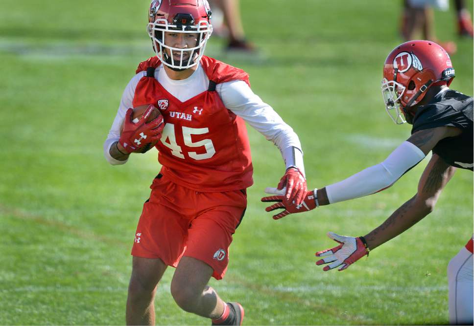 Scott Sommerdorf   |  The Salt Lake Tribune  
Utah WR Samson Nacua runs after a catch during the first day of Utah fall football camp, Friday, July 28, 2017.
