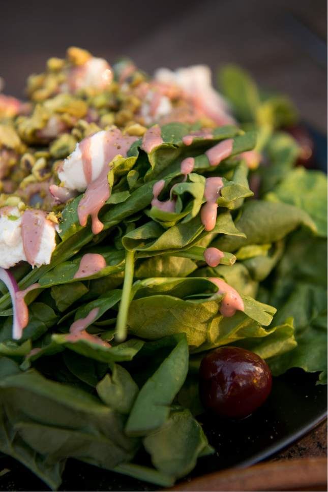 Leah Hogsten  |  The Salt Lake Tribune
Peekaboo Canyon Wood Fired Kitchen's Vermillion Cliffs salad with spinach, red onion, whiskey macerated cherries, chËvre, pistachio crumbs and raspberry balsamic vinagrette, $12. Peekaboo Canyon Wood Fired Kitchen in Kanab offers artisan pizzas, salads and sandwiches on their all-vegetarian menu. The restaurant is open for lunch and dinner and brunch on the weekends.