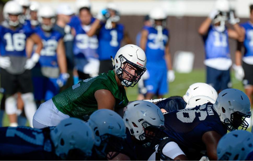 Francisco Kjolseth | The Salt Lake Tribune
BYU football quarterback Tanner Mangum works out with the team as they begin preparations for the season with preseason training camp on Thursday, July 27, 2017, in Provo.