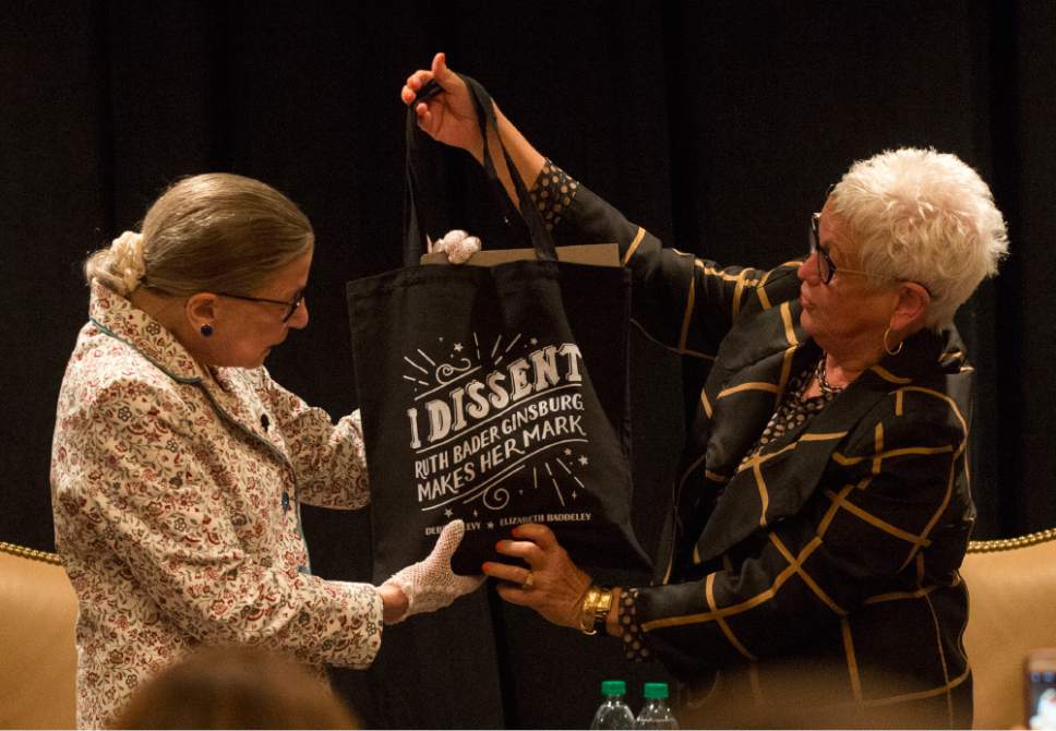 Rick Egan  |  The Salt Lake Tribune

Deanell R. Tacha, talks about U.S. Supreme Court Justice Ruth Bader Ginsburg's tote bag, at the Utah State Bar, annual convention at the Sun Valley Inn, Friday, July 28, 2017.