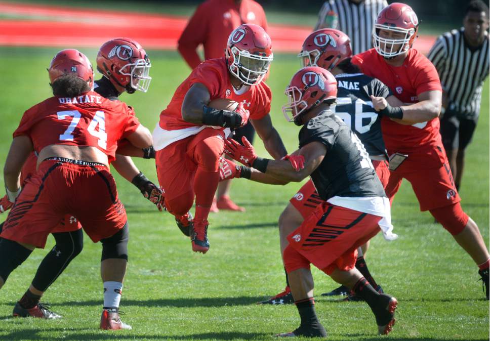 Scott Sommerdorf   |  The Salt Lake Tribune  
Utah RB Zack Moss hops through a hole during the first day of Utah fall football camp, Friday, July 28, 2017.