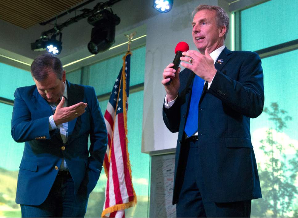 Leah Hogsten  |  The Salt Lake Tribune
Republican Sen. Ted Cruz of Texas rallies for 3rd District primary candidate, former state Rep. Chris Herrod, June 29, 2017 at Entrata in Lehi.
