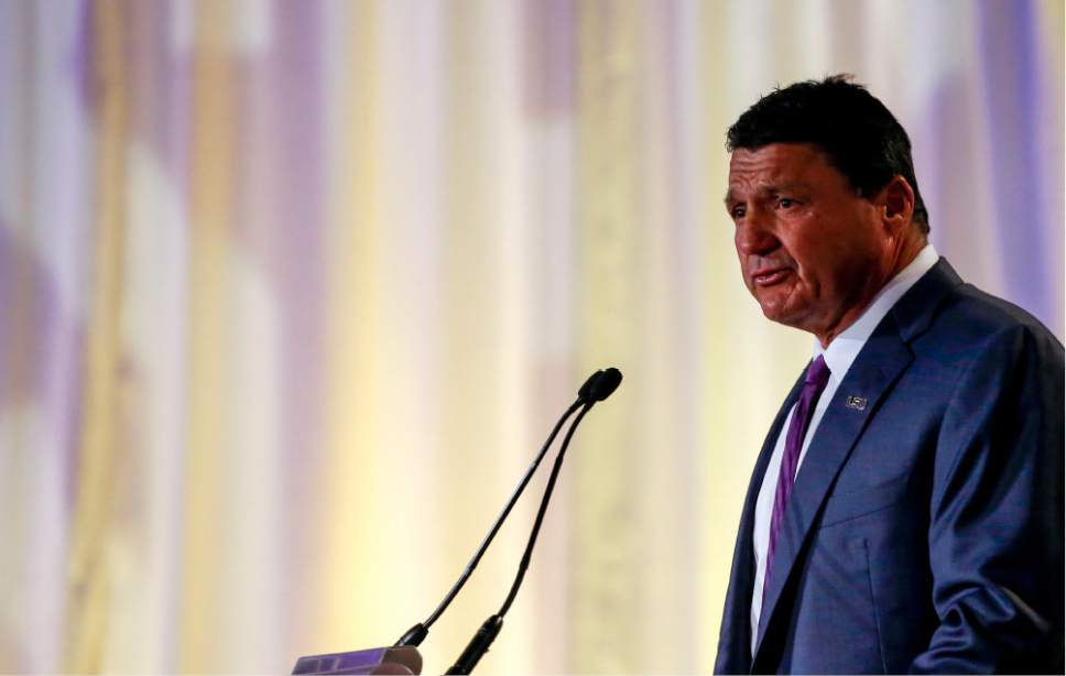 LSU NCAA college football coach Ed Orgeron speaks during the Southeastern Conference's annual media gathering, Monday, July 10, 2017, in Hoover, Ala. (AP Photo/Butch Dill)