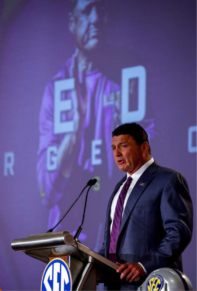 LSU NCAA college football coach Ed Orgeron speaks during the Southeastern Conference's annual media gathering, Monday, July 10, 2017, in Hoover, Ala. (AP Photo/Butch Dill)