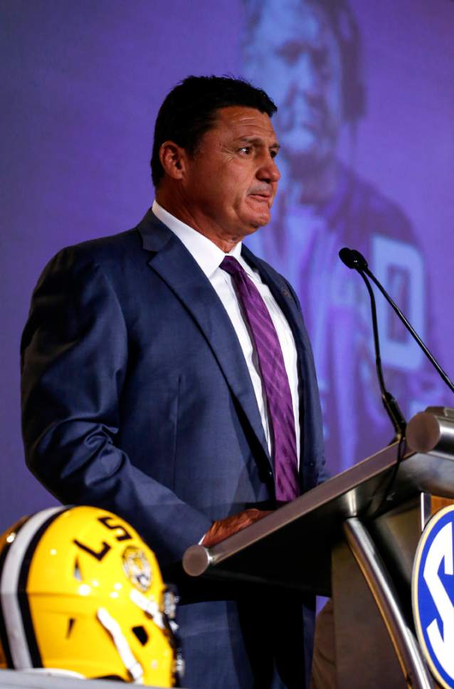 LSU NCAA college football coach Ed Orgeron speaks during the Southeastern Conference's annual media gathering, (AP Photo/Butch Dill), Monday, July 10, 2017, in Hoover, Ala. (AP Photo/Butch Dill)
