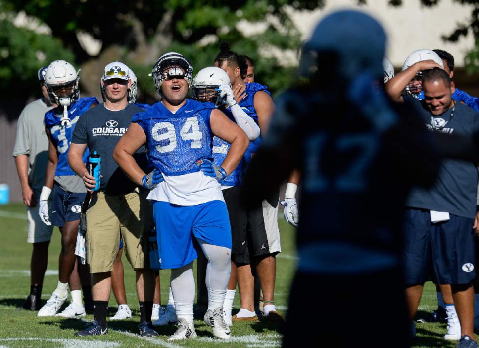 Francisco Kjolseth | The Salt Lake Tribune
BYU football begins preparations for the season with plenty of enthusiasm for their preseason training camp on Thursday, July 27, 2017, at their practice field in Provo.