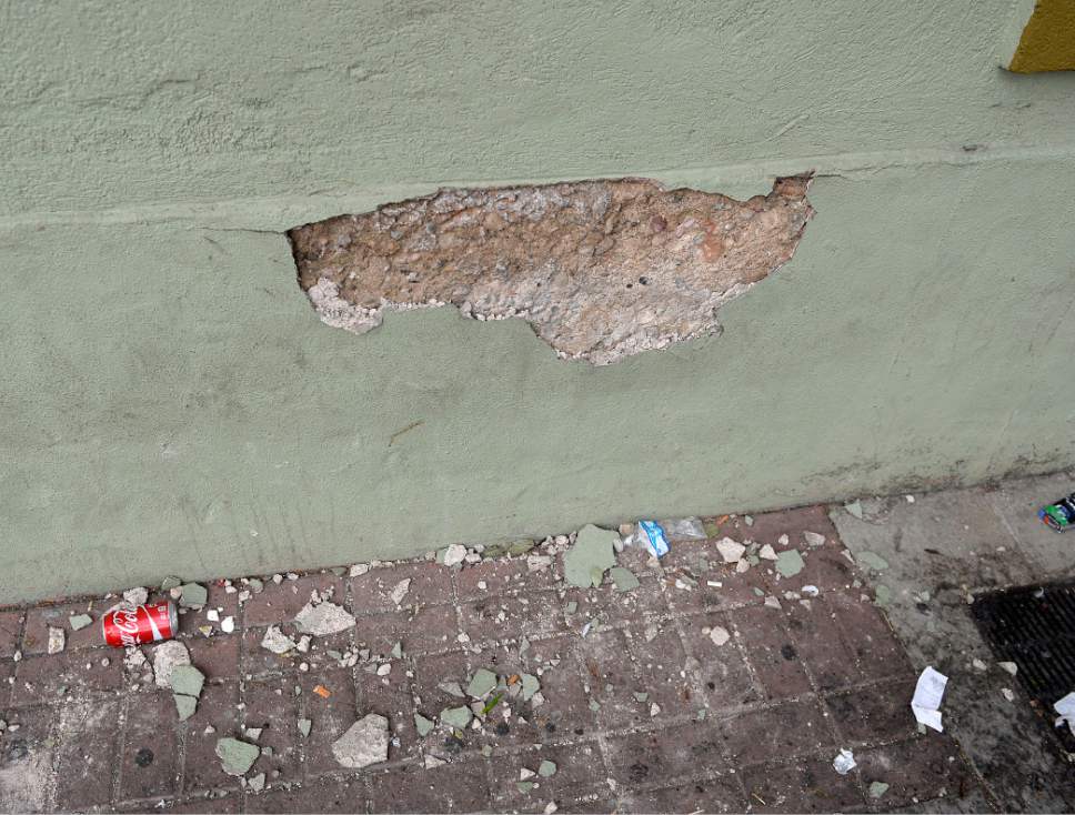 Al Hartmann  |  The Salt Lake Tribune
Poperty damage to storefront from homeless campers near 200 S. 550 W. in Salt Lake City.