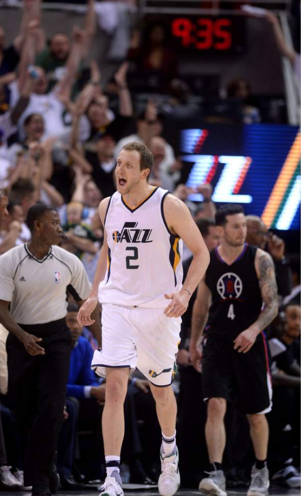Steve Griffin  |  The Salt Lake Tribune


Utah Jazz forward Joe Ingles (2) screams with excitement after nailing a three pointer late in the game during the Jazz versus Clippers NBA playoff game at Viviint Smart Home arena in Salt Lake City Sunday April 23, 2017.